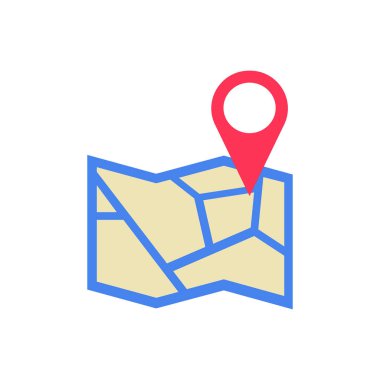 Kırmızı lokasyonlu katlanmış bir harita belirli bir noktayı vurgular. Çizim navigasyon, yön bulma ve seyahat planlamasını sembolize eder..