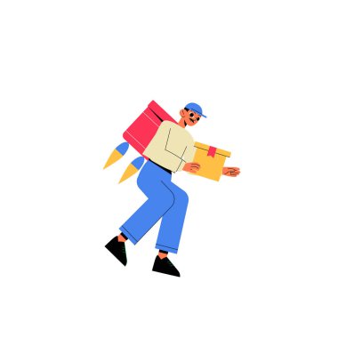 Şapka takan ve büyük bir sırt çantası taşıyan bir erkek kurye paketi teslim ediyor. İllüstrasyon hızlı dağıtım hizmetleri ve verimli lojistiği temsil ediyor.