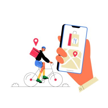 Teslimat çantalı bir bisikletçi, konum ve yemek siparişi simgelerini gösteren mobil bir uygulama ekranının yanında, izleme ve navigasyonu sembolize ediyor..