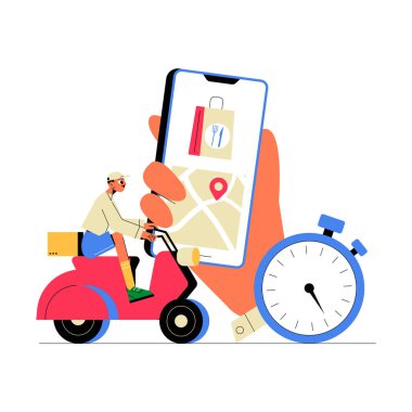 Scooter 'daki erkek yiyecek teslimatçısı akıllı telefon haritası ve saati ile, hızlı servisi, navigasyonu ve yemek verimliliğini simgeliyor..