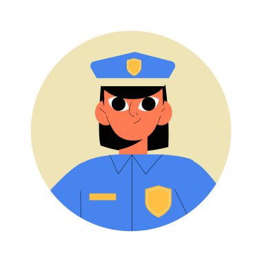 Mavi üniformalı, yasaları ve otoriteyi temsil eden, beyaz bir arka planda izole edilmiş, düz bir vektör çiziminde tasvir edilmiş bir kadın polis memuru..