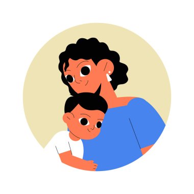 Kıvırcık saçlı bir kadın avatar, genç bir çocuğa sarılıyor, sevgiyi, ilgiyi ve ebeveynliği simgeliyor, düz vektör tarzıyla tasvir ediliyor..