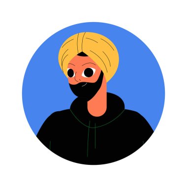 Sarı sarıklı, siyah kapüşonlu, sakallı, düz vektör avatarı olan ve çeşitliliği ve kültürel kimliği temsil eden bir Sikh adam tasviri..