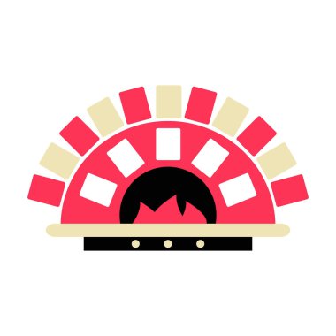 Kırmızı kiremitli ve alevli tuğla pizza fırını geleneksel yemek yapma, pizza hazırlama ve kırsal mutfak tekniklerini sembolize ediyor. Beyaz arkaplanda izole.