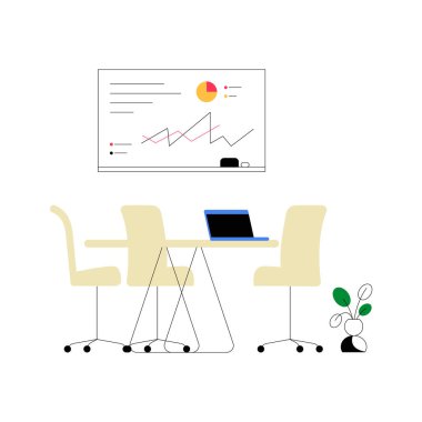 Sandalyeli ofis masası, veri analiz tahtası ve takım çalışmasını, iş analizini ve veri odaklı işbirliğini sembolize eden dizüstü bilgisayar..