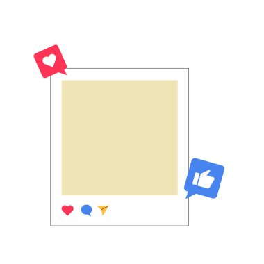 A social media photo frame with engagement icons like likes and comments, representing online interaction and social media engagement in flat vector style. clipart