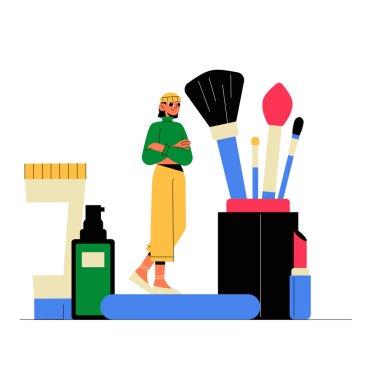 Güzelliği, kozmetiği ve kişisel bakım kavramlarını temsil eden fırçalar, şişeler ve yanında duran kadın karakter de dahil olmak üzere çeşitli makyaj araçları..