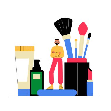 Male character standing confidently among makeup brushes and cosmetics, symbolizing beauty industry, makeup artistry, and personal care. clipart