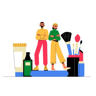 İki karakter, bir erkek ve bir kadın, güzellik ürünleri ve aletleri arasında güvenle dururlar, kozmetik, kendine bakım ve güzelliğin özünü sembolize ederler..