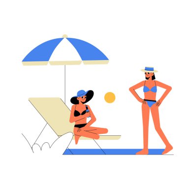 Mayolu iki kadın plajda dinleniyor, biri güneşlenirken diğeri şemsiyenin altında duruyor, tatil ve yaz tatilini simgeliyor..