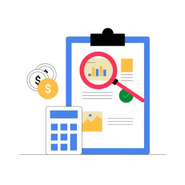 Belgeli bir pano, grafiği vurgulayan bir büyüteç ve finansal analizi sembolize eden bir hesap makinesi içeren düz vektör çizimi.