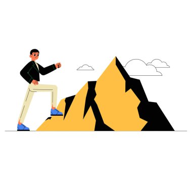 Bir erkek karakter bir dağa tırmanır ve düz vektör çizim tarzında zorlukların, başarının ve kişisel gelişimin üstesinden gelir..