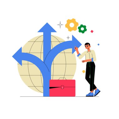 Farklı yönleri gösteren oklar yakınındaki erkek karakter kariyer yollarını, karar vermeyi ve düz vektör çiziminde gelecek seçimlerini sembolize ediyor..