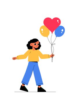 Bir demet renkli balon tutan gülümseyen kız kalp ve daire şeklinde, neşeyi, kutlamayı ve neşeli bir ortamda şenliği simgeliyor..