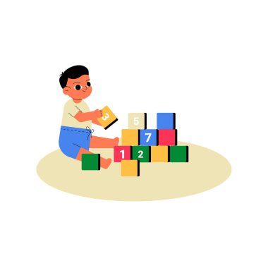 A young boy sits on the floor, playing with colorful building blocks, fostering creativity and learning, symbolizing early childhood development and playful exploration. clipart