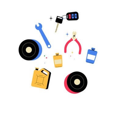 Collection of car repair tools and fluids including a wrench, oil canisters, tires, car key, and pliers, symbolizing automotive equipment and repair essentials. clipart