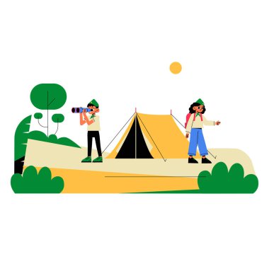 İki kampçı bir orman ortamında çadırın yanında, biri dürbün tutuyor, diğeri de güneşli bir günde açık hava macerası ve keşifle meşgul oluyor..