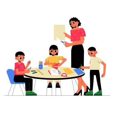 Bir bayan öğretmen, kağıt ve araçlarla çevrili, yaratıcılığı, takım çalışmasını ve eğitim gelişimini sembolize eden bir masada çocuklara el sanatları aktivitesinde rehberlik eder..