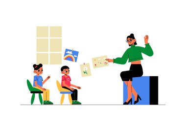 Female teacher presenting artwork to two seated students in a classroom, symbolizing education, creativity, and active learning, flat vector illustration, isolated. clipart