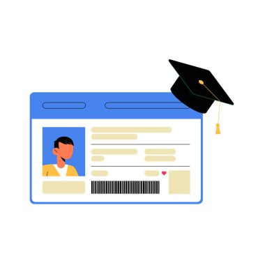 Akademik mezuniyet şapkası, eğitimi, öğrenci kimliğini ve akademik başarıyı simgeleyen fotoğraf ve metin içeren bir öğrenci kimliği..