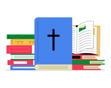 Merkezinde önemli bir açık İncil olan renkli kitaplar yığını eğitimi, dini eğitimi ve bilgiyi sembolize ediyor. Arka plan basit ve temiz..