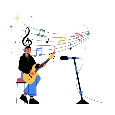 Bir erkek müzisyen, müzik notalarıyla çevrili bir mikrofonun yanında otururken elektro gitar çalar. Müzik yaratıcılığını ve tutkusunu simgeler..