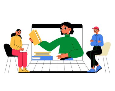 Sanal sınıf ortamında bir erkek ve bir bayan öğrenciye, öğrenme ve dijital eğitimi simgeleyen kitaplar ve kaynaklar sunan bir bayan öğretmen..