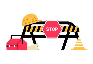 Safety barricade with a stop sign, hard hat, toolbox, and construction plans, representing construction tools, safety, and worksite preparation. clipart