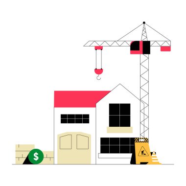 Residential house under construction with a tower crane, building materials, and dollar sign, symbolizing real estate projects and investments, isolated on white background. clipart