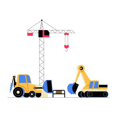 Bir inşaat alanında kazıcı, forklift ve kule vinç, inşaat ve endüstriyel işler için ağır makineler sergiliyor, beyaz arka planda izole edilmiş.