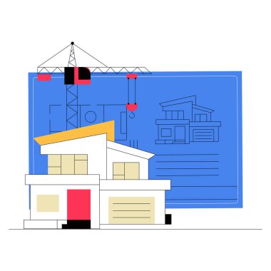 Modern house design with a blueprint in the background and construction crane, representing architecture, planning, and engineering concepts, isolated on white background. clipart