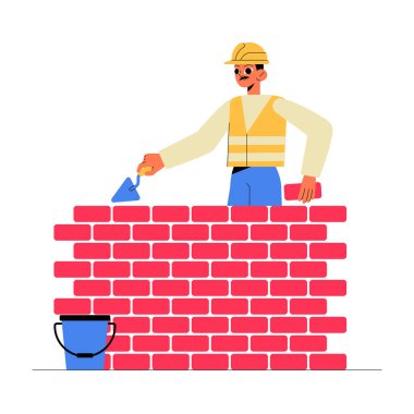 Güvenlik donanımı giyen erkek tuğla ustası, beyaz arka planda izole edilmiş inşaat, işçilik ve işçiliği sembolize eden bir mala ve havan topu kullanarak kırmızı tuğla duvar inşa ediyor..