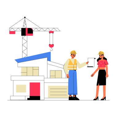 Erkek mimar elinde bir plan tutuyor ve inşaat halindeki bir vinçle modern bir evin önünde kadın bir müşteriyle inşaat planlarını tartışıyor..