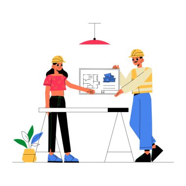 A male and female architect discussing blueprints at a desk with tools and a plant nearby. Symbolizes collaboration, planning, and professional design. clipart