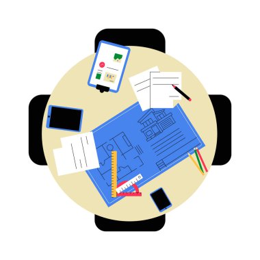 Construction blueprint on a round table surrounded by documents, gadgets, and tools, symbolizing architecture, planning, and engineering. clipart