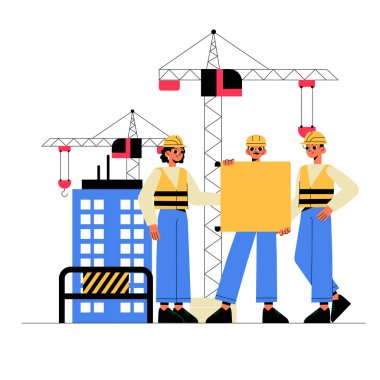 Bir grup erkek ve kadın inşaat işçisi arka planda vinçlerle ve inşaat halinde olan bir planı tartışıyor, takım çalışmasını ve planlamasını ön plana çıkarıyor..