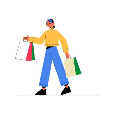 Günlük kıyafet giymiş bir kadın renkli alışveriş çantaları taşır, güvenli bir şekilde yürür, canlı bir perakende ve moda alışveriş deneyimini simgeler..