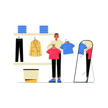 Male character holding shirts in a clothing store with a mirror, shelves, and displayed clothes, symbolizing shopping, fashion choices, and retail apparel. clipart