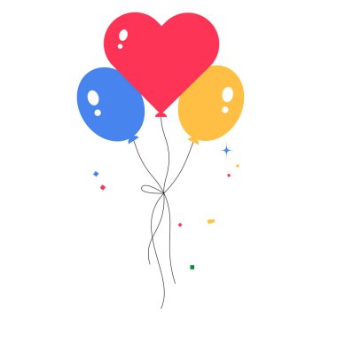 Üç balon birbirine bağlanmış, biri kalp şeklinde, aşkı, neşeyi ve kutlamayı simgeliyor, minimalist beyaz bir arkaplanda..
