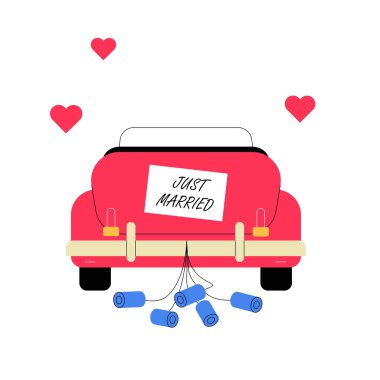 Arkasına Yeni Evli tabelası ve teneke kutuları olan kırmızı araba, beyaz bir arka planda kurulmuş düğünleri, mutluluğu ve aşkı simgeliyor..