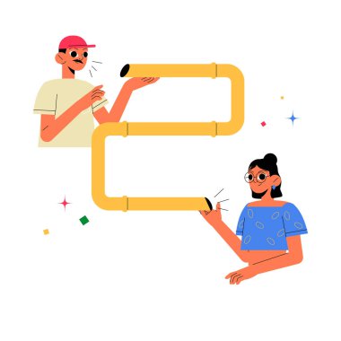 A man and woman interact by speaking through connected pipes, symbolizing collaboration, connection, and effective communication, isolated on a white background. clipart