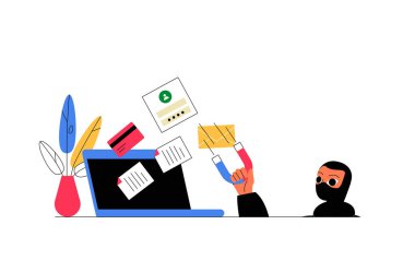 Dizüstü bilgisayarından veri çalan maskeli bir hırsız. Elinde kartlar, belgeler ve parolalar var. Siber hırsızlığı ve veri sahtekarlığını temsil ediyor..