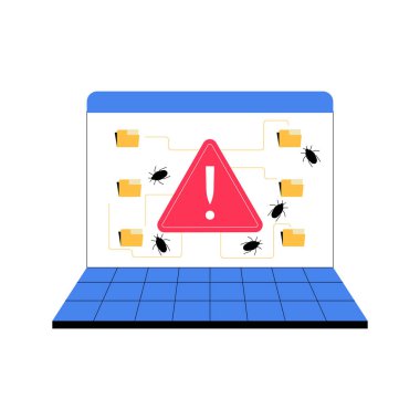 Düz vektör çiziminde zararlı yazılım tehdidini, veri ihlalini ve siber güvenlik sorunlarını sembolize eden böceklerle çevrili bir uyarı simgesini gösteren bir dizüstü bilgisayar ekranı.