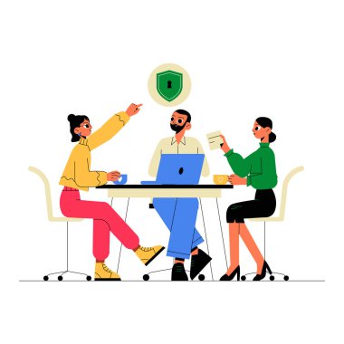 Bilgisayar ve kalkan simgesi olan bir masada siber güvenliği tartışan üç farklı iş adamı, veri koruma alanındaki işbirliğini simgeliyor..