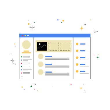 Kullanıcı profilleri, grafikler ve menü seçeneklerinin yer aldığı bir web paneli, düz vektör biçiminde dijital yönetimi, veri görselleştirmesini ve analizi sembolize eder.
