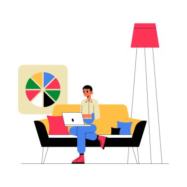 A male character working on a laptop while seated on a couch in a cozy living room setup, emphasizing remote work and modern technology in daily life. clipart