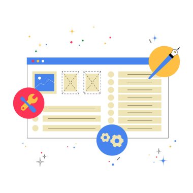 Araçlar, dişliler ve kalem gibi simgelerin yer aldığı bir web sayfası düzeni, web sitesi planlamasını, özelleştirmeyi ve dijital arayüz tasarımını temsil eder.