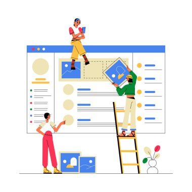 Web tasarımcılarından oluşan bir ekip bir arayüz tasarlamak için birlikte çalışıyor, bir merdiven ve bilgisayar ekranındaki karakterler yaratıcılığı ve takım çalışmasını sembolize ediyor..
