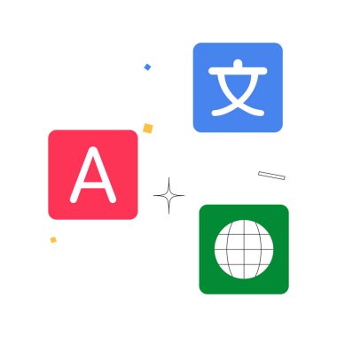 Bir alfabe bloğu, Çince karakter ve dünya ikonu, çeviriyi, çok dilli iletişimi ve küresel etkileşimi sembolize eden dil sembollerini içeren illüstrasyon.