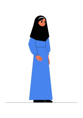Mavi elbiseli ve siyah tesettürlü bir kadın, zarif bir şekilde duruyor ve tevazu ve kültürel kimlik gösteriyor, dini ve geleneksel değerleri sembolize ediyor..